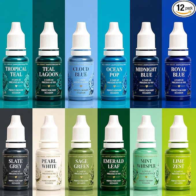 Confect Ocean Vibes Gel Food Coloring Set – 12 Highly Pigmented Colors for Buttercream, Cakes, Cookies, Macarons & Baking – 10mL Bottles