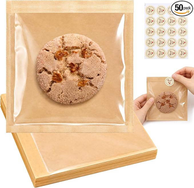 Cookie Bags with Seal(7.1x7.5 Inch) 50 PCS Sealable Bakery Bags for Treat Snack Baked Goods Pastry Donut Cookie Sleeves Bake Sale Packaging Heat Seal Farmstand Small Business Party Favors Supplies