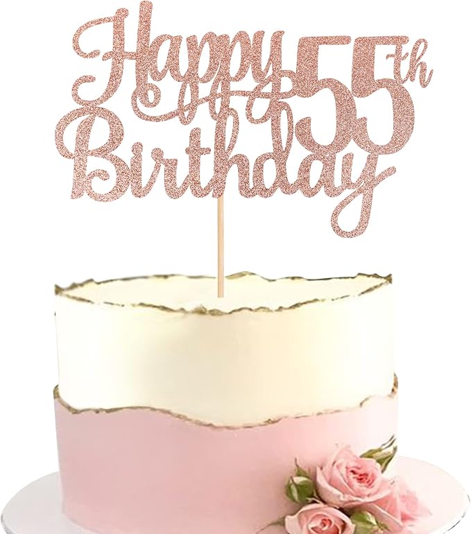 1 PCS Happy 55th Birthday Cake Topper Glitter Cheers to 55 Years Birthday Cake Pick 55 Fabulous Cake Decoration for Happy 55th Birthday Theme Party Decorations Supplies Rose Gold