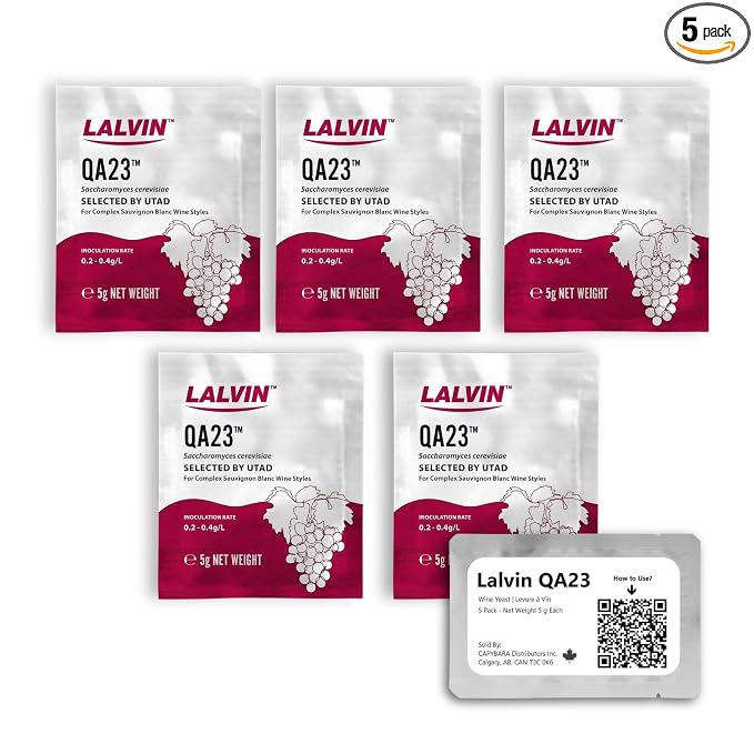 Lalvin QA23 Wine Yeast (5 Pack) - Make Wine Cider Mead Kombucha At Home - 5 g Sachets - Saccharomyces cerevisiae - Sold by CAPYBARA Distributors Inc.