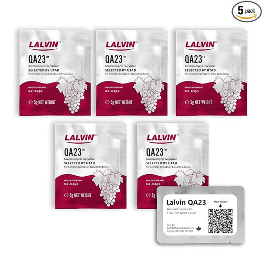 Lalvin QA23 Wine Yeast (5 Pack) - Make Wine Cider Mead Kombucha At Home - 5 g Sachets - Saccharomyces cerevisiae - Sold by CAPYBARA Distributors Inc.
