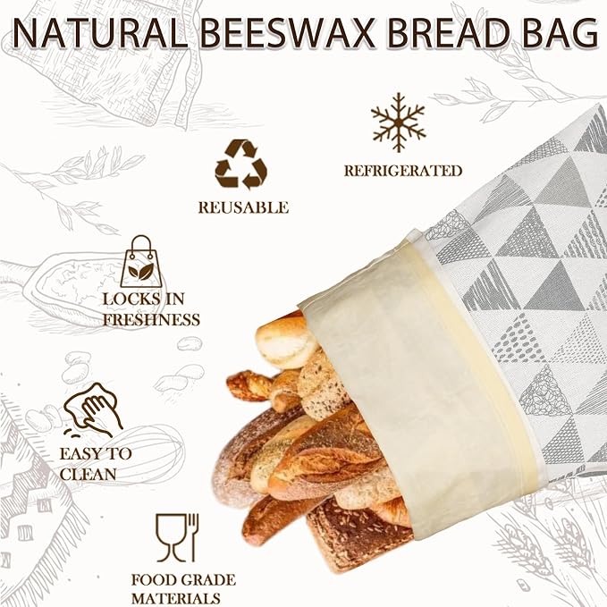 LURKA Beeswax Bread Bags, Reusable Cotton Linen Storage Bags for Sourdough, Extra Large, 2 Pack (A Style)