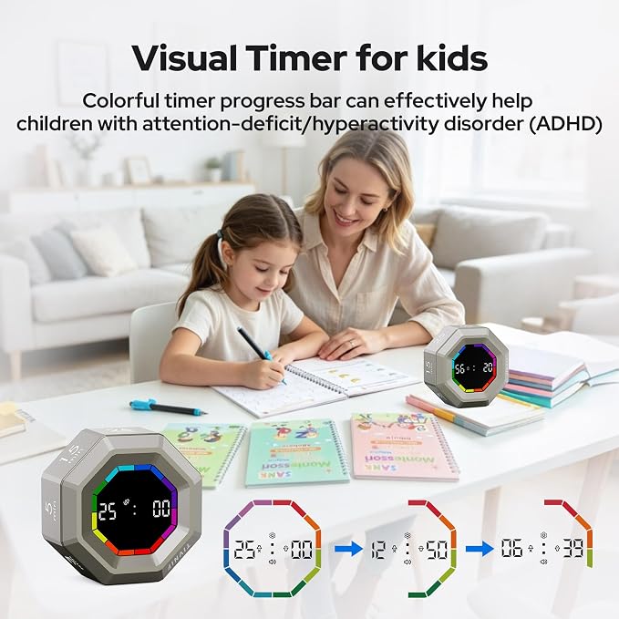 Visual Timer for Kids Kitchen Timer Pomodoro Magnetic Visual Countdown | Smart Gravity Sensing Timer with Large Display Loud Alarm for Study Cooking Classroom Homework Time Management