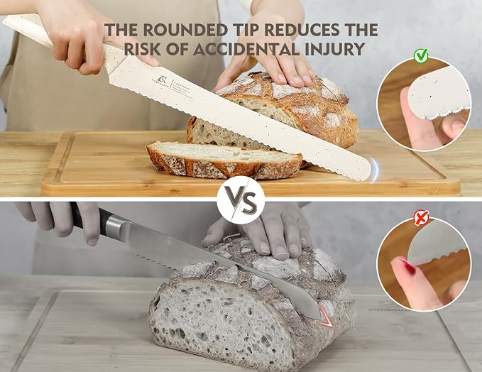 CoquusAid Upgrade Bread Knife for Homemade Bread, World‘s 1st Double Serrated Knife with 5 Thickness Adjustable Slicing Guide, Stainless Steel Bread Cutter, Razor Sharp for Sourdough, Creamy White