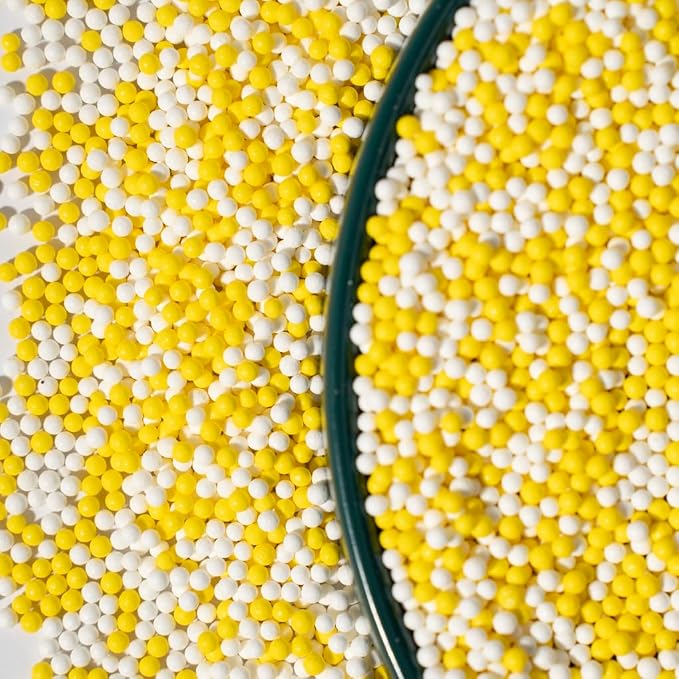 Sprinkles130g/4.6oz, White Yellow Edible Pearl Sprinkles for Cake Decorations, Baking, Ice Cream, Cookies, Cupcake Topper Edible Pearls Sprinkles - 2mm Matte Sugar Pearls for Cake Decorating (2mm yellow white)