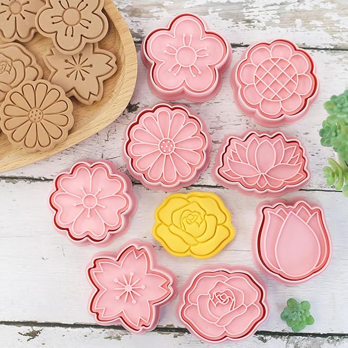 8 Flower Cookie Cutter, 3D Spring Floral Cookie Cutters with Tulip, Daisy, Sunflower, Rose, Cherry blossoms Shapes, Homemake Baking Tools for Mother's Day, Valentine, Holiday DIY Cookies (Flower Head)