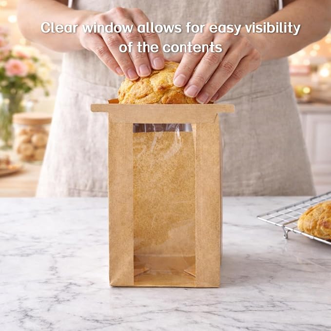 WIKDAY Bakery Bags with Window 100PCS Paper Cookie Bags Tin Tie Tab Lock Small Pastry Bags for Baked Goods Gift Giving Snack Treat Desert Packaging Storage Includes Label Seal Stickers 3.5x2.3x7.5in