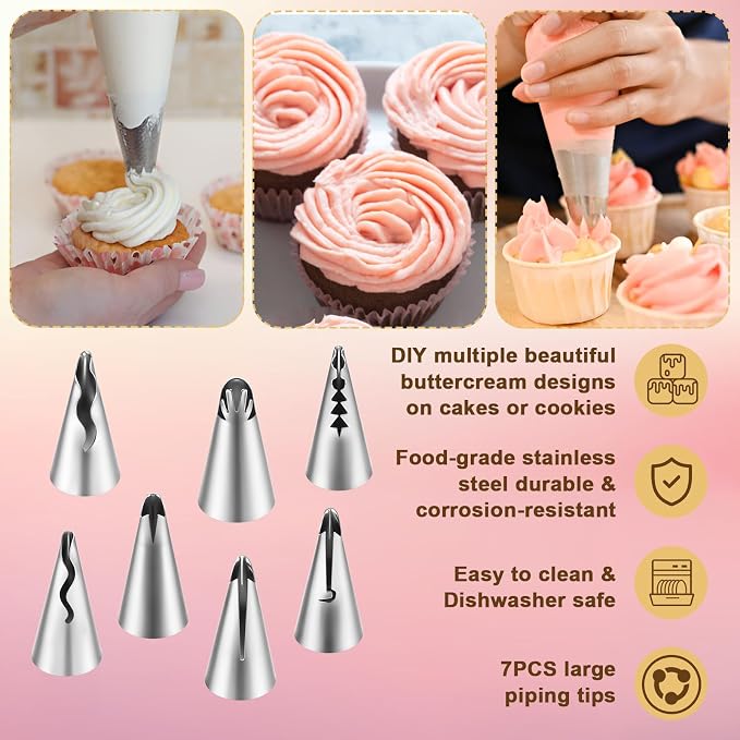 7PCS Pleated Skirt Piping Tips Set, Stainless Steel Cake Decorating Tips Nozzle Piping Set Frosting Icing Tips with Cleaning Brush for Pastry Fondant Cupcakes Cake Decorating