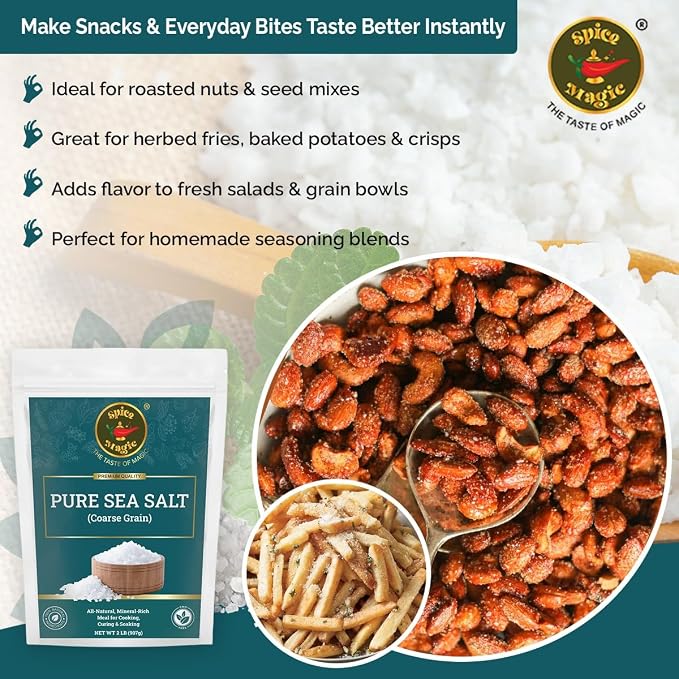 Spice Magic Pure Sea Salt, Coarse Grain, 2 lb (32 oz)|Unrefined | Ideal for Salt Grinders Cooking & Culinary Use