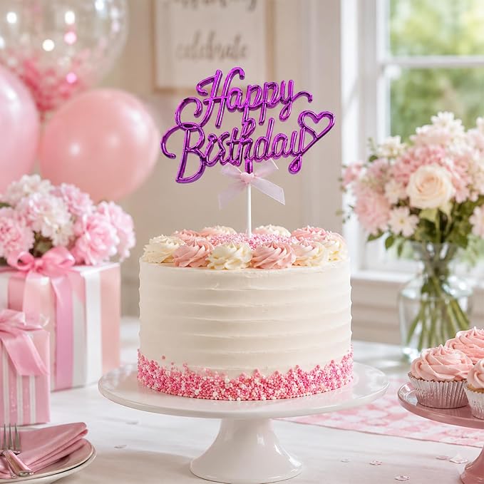 Purple Acrylic Happy Birthday Cake Topper with Heart and Bow | Glossy purple acrylic script with heart and bow adds an elegant finishing touch to birthday cakes and celebration desserts.