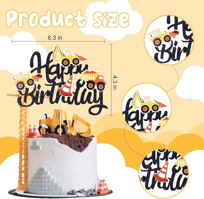Construction Theme Happy Birthday Cake Topper Glitter Construction Cake Pick Dump Truck Excavator Tractor Cake Decorations Vehicles Cake Topper for Kids Birthday Baby Shower Party