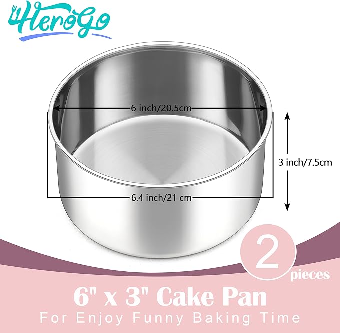 Herogo Cake Pans Set of 2, 6'' x 3'' Stainless Steel Deep Round Baking Pans, for Layer Birthday Wedding Christmas Cakes, Deep Side & One-piece Construction, Oven & Dishwasher Safe
