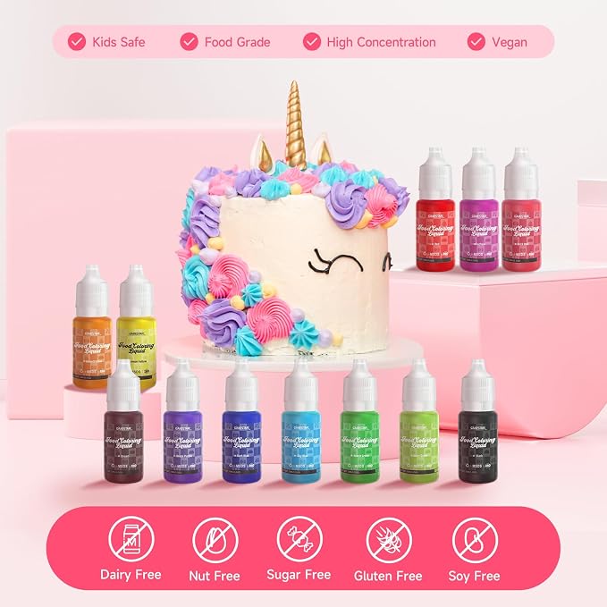 Food Coloring Liquid 12 Colors, Vibrant Food Coloring for Slime, Assorted Neon Food Dye for Baking, Cake Decorating, Ice Cream, Frosting, 10ml/bottle