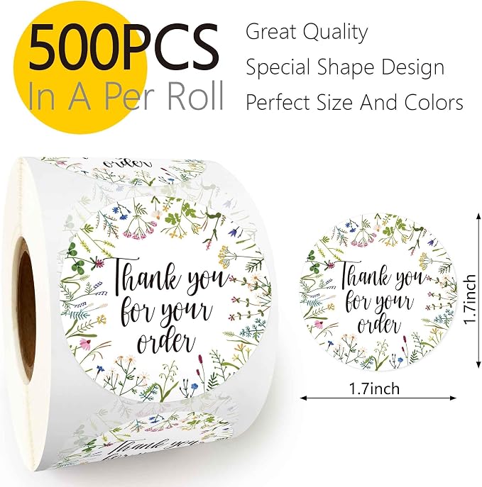 Flower Thank You for Your Order Stickers, Cute Floral Small Business Envelopes Stickers,Handmade Business Packaging - 500pcs