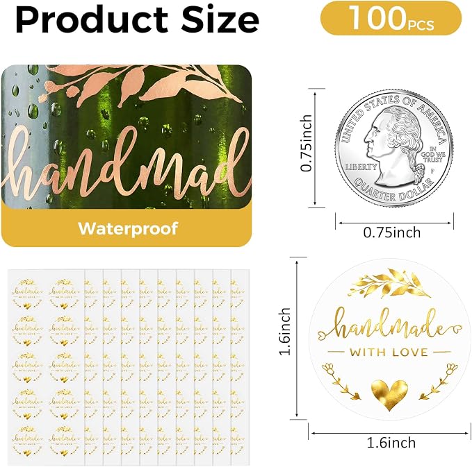 Handmade with Love Stickers 100 Pcs, Gold Foil Transparent Labels for Small Business Packaging, 1.6 Inch Round Thank You Stickers for Gift Wrap, Bakery Boxes, Envelopes (Gold Foil)