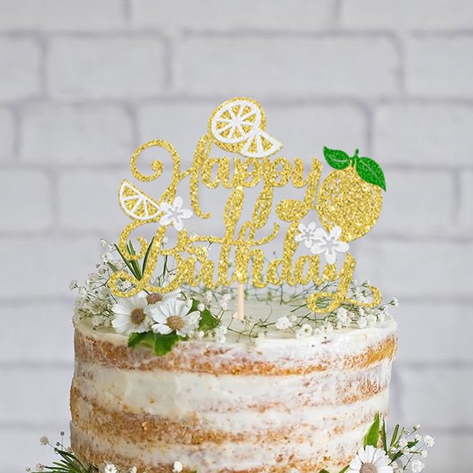 Rsstarxi 1 Pack Happy Birthday Cake Topper Glitter Yellow Lemon Cake Pick for Baby Shower Birthday Anniversary Party Cake Decorations Supplies