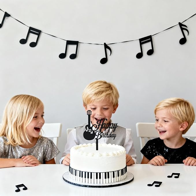 ZHENGYE Black Music Happy Birthday Cake Topper Music Themed Decoration Sign For Birthday Party Decorations Supplies