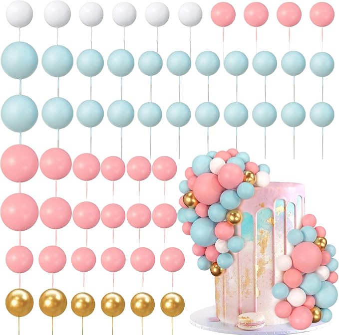 56 PCS Ball Cake Picks Colorful Ball Shaped Cake Topper Pearl Balls Cupcake Cake Insert Topper for Birthday Party Wedding Decoration Supplies Blue Pink Series Four Colors