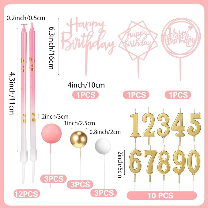 Yerliker 34 Pcs Happy Birthday Cake Toppers Decorations Birthday Candles DIY Cake Decor for Men Women Wedding Anniversary(Pink)