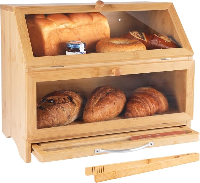 MAISONPEX Double Layer Bamboo Bread Box for Kitchen Countertop, Cutting Board, and Stainless Steel Bread Knife, Large Capacity Storage Container with Clear Windows (Self-Assembly)