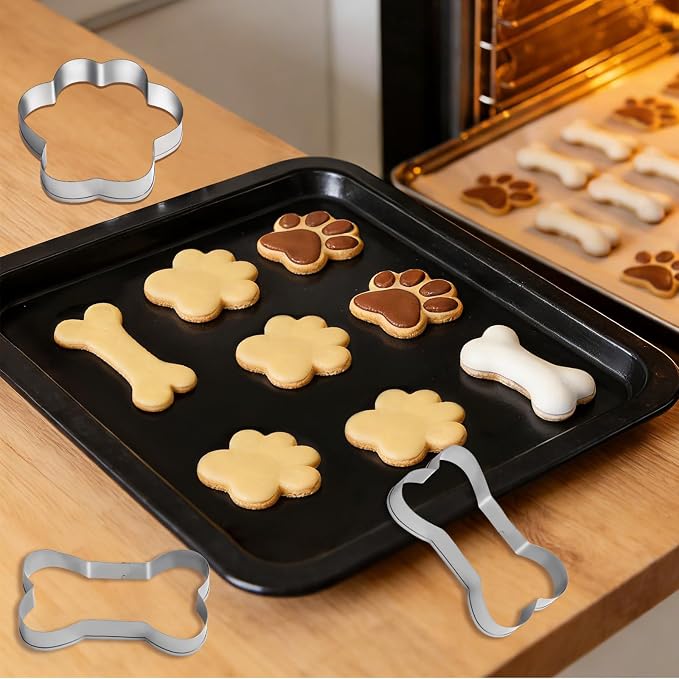 6 PCS Bone and Dog Footprints Cookie Cutters Set, 3 Sizes Stainless Steel Bone & Paw Print Shaped Cookies Cutter for Homemade Baking Theme Party Homemade Treats