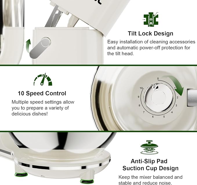 Camic Electric Stand Mixer,7.45 QT,10 Speeds with Dough Hook,Whisk, Flat Beater Attachments, Splash Guard, Easy-Carry Top Handle,3-IN-1 Kitchen Mixer for Baking Cakes Cookie Bread Salad (White)