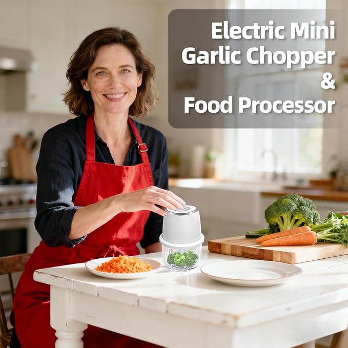 Electric Mini Garlic Chopper, Mini Food Chopper & 350ml Portable Cordless USB Rechargeable Garlic Chopper, Best Mini Chopper for Onion, Herb, Nut, Easy to Clean Glass Container （White)