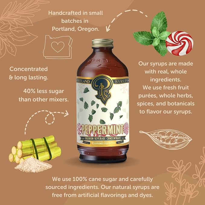 Portland Syrups Peppermint Syrup for Lattes, Coffee & Mocktails - Organic Cane Sugar & Peppermint for Hot Cocoa & Holiday Recipes - Rich Flavor & Whole Ingredients - 12 oz, 12-24 Servings (Pack of 1)