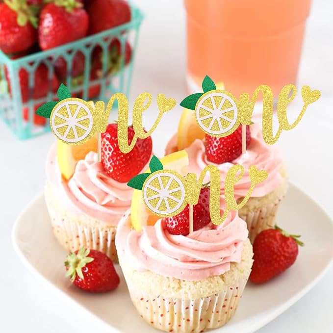 24 PCS Lemon One Cupcake Toppers Glitter Fruit Lemonade First Birthday Cupcake Picks for Lemon Theme Baby Shower 1st Birthday Party Cake Decorations Supplies Gold