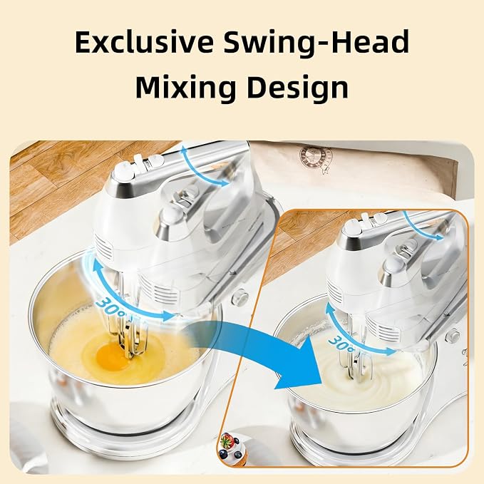 4.8QT 2-in-1 Stand Mixer, Electric Kitchen Mixer with Auto-Rotating Bowl & Tilt-Head, 5-Speed 250W Turbo Baking Machine for Beginners with Beater & Dough Hook for Cookie, Bread, Cake (White)