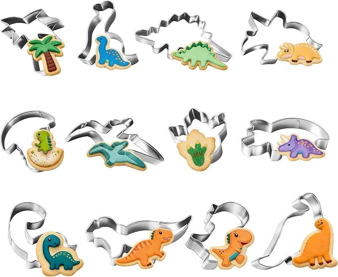 Dinosaur Cookie Cutter Set - 12Pcs Mini Cookie Cutters Variety Pack with Dough Scraper, Stainless Steel Cookie Mold for Biscuits, Fondant, Sandwiches and Pancakes