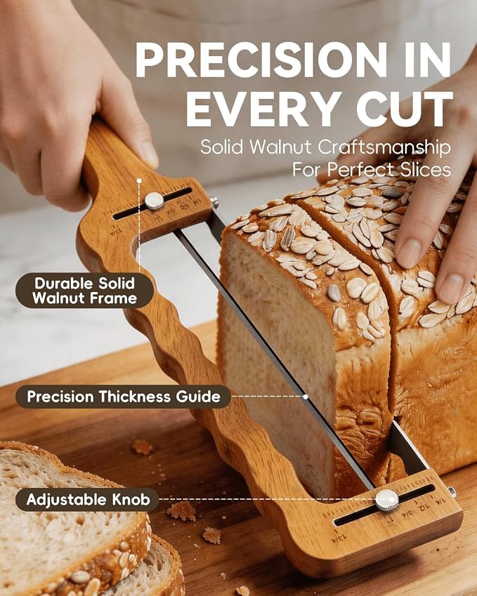 Solid Walnut Wood Bread Bow Knife & Bread Lame Set | Adjustable Bread Slicer for Even Slices, Ultra Sharp Serrated Fiddler Knife for Artisan Sourdough, Homemade Loaves & Cakes, Ergonomic Design