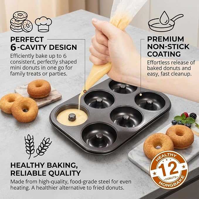 2 Pack Nonstick Donut Baking Pans, 6 Cavity Easy Steel Clean Doughnut, Oven Safe Heat Resistant, Reusable Bakeware for Making Donuts Bagels Homemade Desserts (Black, 6 Cup)