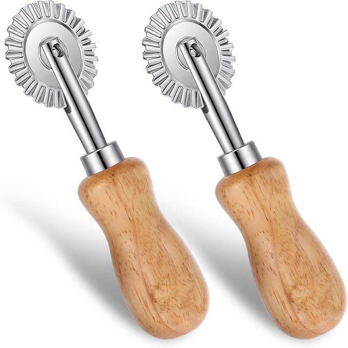 2Pcs Fluted Pastry Wheel, 4.9 Inch Stainless Steel Pastry Wheel with Ergonomic Oak Handle for Pasta, Dumplings & Noodles, 360 Degree Rotary Cutting Tool for Kitchen
