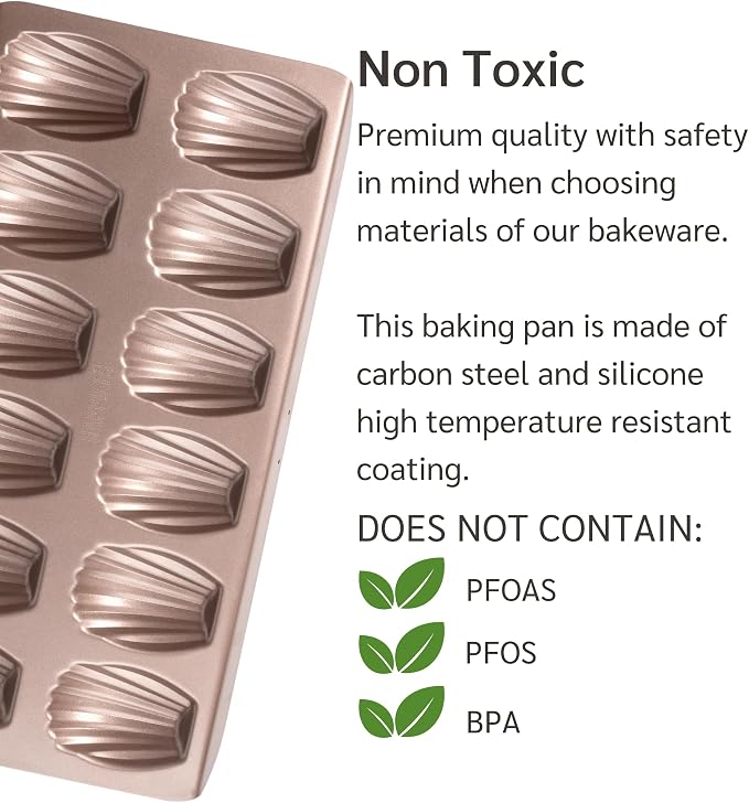 HAPPIELS 12-Well Madeleine Pan 2-Pack Nonstick, PFOA & BPA Free | 24- Well Non Stick Nontoxic Madeleines Pans for oven baking | Madeleine Cake Cookie Mold | Madeleine tray
