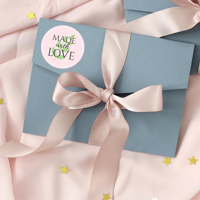 300pcs 1.75" Made with Love Round Gift Labels - Heart, Floral & Green Leaf Design, Eco-Friendly Glossy Stickers for Homemade Handmade DIY Gifts, Treats, Crafts, Beauty, Gift Decoration