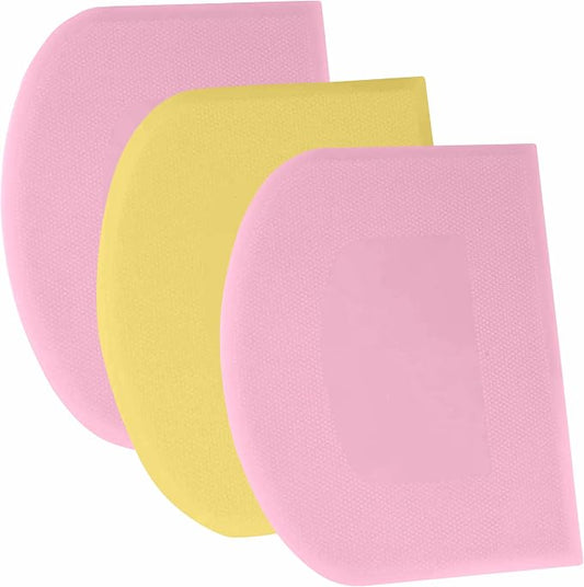 SURDOCA Dough Scraper Bench Scraper - 3P 10.6x6.7" Plastic Flexible Bowl Scraper, Sharp Edge & Angles Cake Scraper. Non-Slip Bakeware Decorating Tools Sculpting & Modeling Tools - Pink+Yellow+Pink