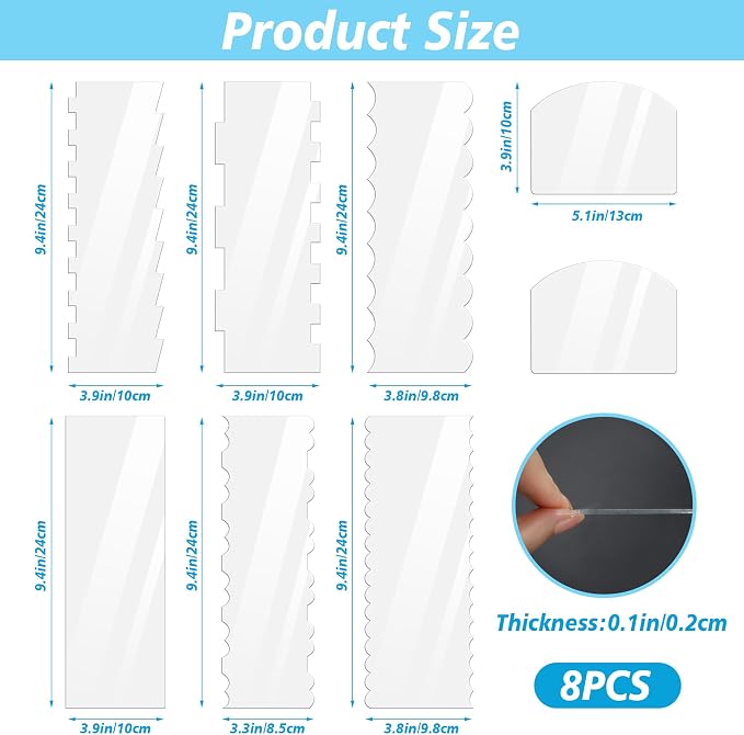 8 Pieces Cake Scraper Smoother, 9.5 In Acrylic Icing Smoother, Double Sided Patterned Edge Cake Combs for Buttercream, DIY Baking Decorating Supplies for Home Bakery (8pcs)