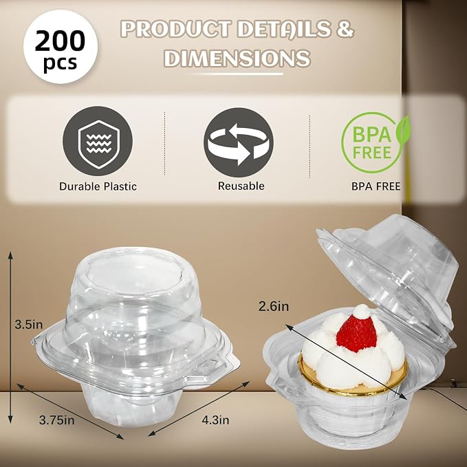 WIKDAY 200 Pcs Individual Cupcake Containers, Clear Plastic Cupcake Holders with Lids, Spacious 3" Design for Frosted Cupcakes, Stackable & Reusable for Parties, Baking, Picnics