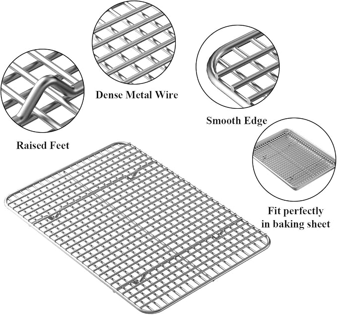 Baking Sheet with Rack Set [2 Pans + 2 Racks], Wildone Stainless Steel Cookie Sheet Baking Pan Tray with Cooling Rack, Size 10 x 8 x 1 Inch, Non Toxic & Heavy Duty & Easy Clean