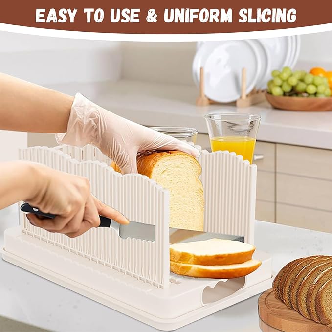 Adjustable Bread Slicer for Bagels, Toast, Homemade Loaves - Foldable Cutter with Crumb Container | Effortless Thin/Thick Slices