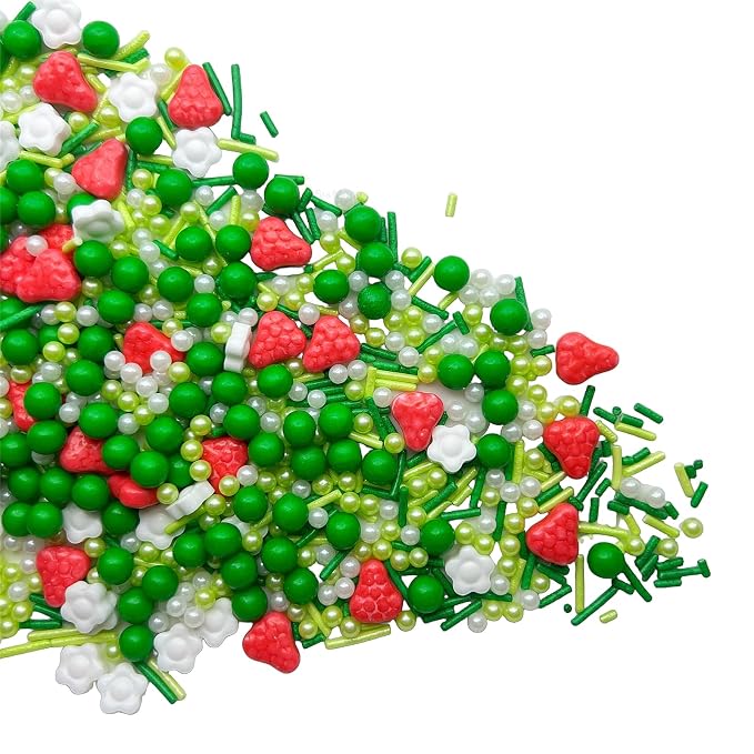 SE Si&Moos Strawberry Sprinkles Edible Strawberry Cake Decorations Edible White Mini Flowers Green Sprinkles for Cake Decorating Party Baby Shower Holiday Supplies 3.5 OZ