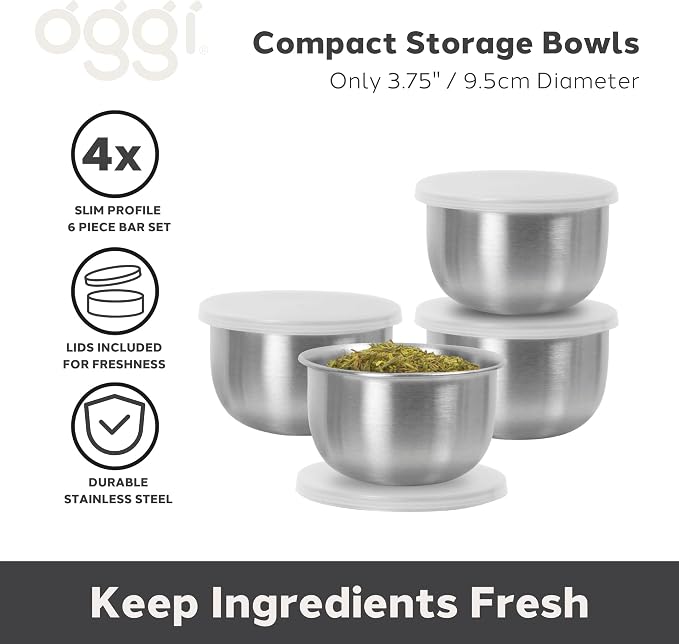 OGGI Set of 4 Stainless Pinch Bowls - 4 fl oz with Lids, Ideal Salt & Pepper Bowls, Mini Storage Bowls, White Lid