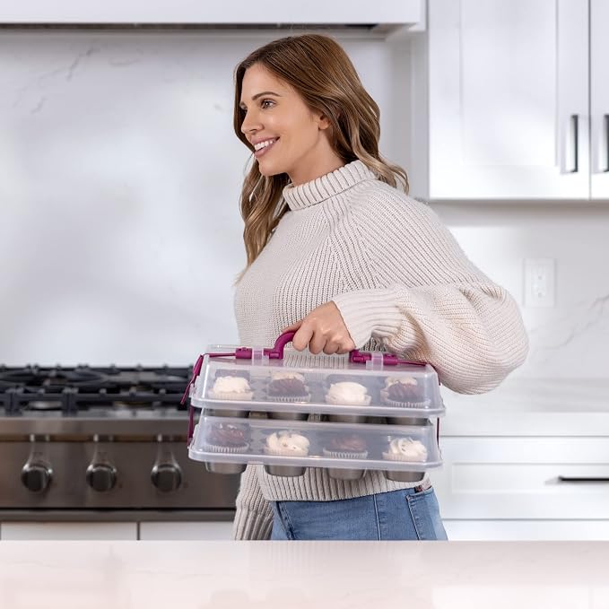 KPKitchen Cupcake Carrier for 24 Cupcakes - Innovative Cupcake Holder includes 2 Cupcake Pans with Lid and Handle - Cupcake Travel Container Carries 12 or 24 Standard-Size Cupcakes for Storage Safely