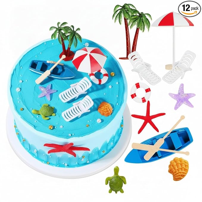 Patelai 12 Pcs Hawaiian Beach Cake Decoration Summer Beach Chair Umbrella Cake Tropical Green Palm Tree Toppers for Hawaiian Pool Party Birthday Wedding Baby Shower Luau Party Decoration Supplies