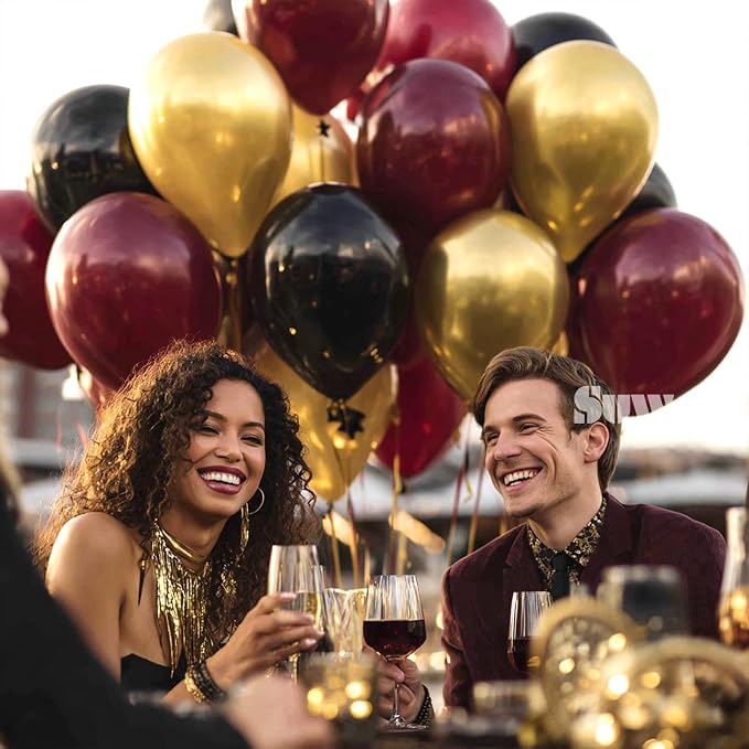 SUWEN Maroon and Gold Balloons, 60Pcs 12inch Burgundy Metallic Gold and Black Latex Balloons Kit for Birthday Graduation Anniversary Party Decoration