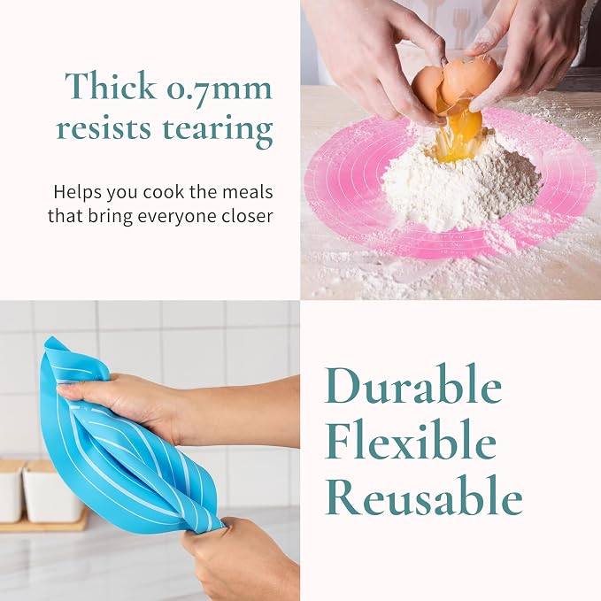 Silicone Cake Mat 2Pcs 12 Inch Round Baking Mats with Measurements Reusable Turntable Pastry Mats for Rolling Dough, Cakes, Pizza, and Cookies (1, Pink)