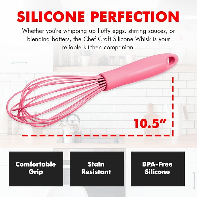 Chef Craft Premium Silicone Wire Cooking Whisk, 10.5 inch, Pink