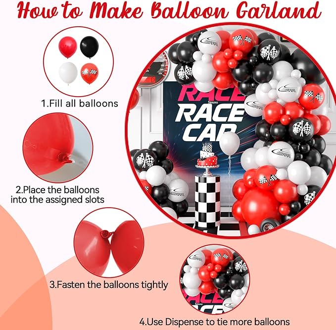Race Car Balloon Arch Garland Kit, Red Black White Party Latex Balloons with Checkered Flags for Boy Racing Car Themed Birthday Party Decorations Baby Shower Transportation Backdrop Supplies