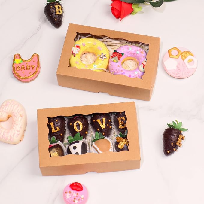 ROSPAKTEK20pcs 7x4.3x2 Inches Brown Bakery Boxes - for Cookies, Chocolate Covered Strawberries, Cakesickle, Chocolate Truffle, Cake Pop | Christmas & Valentine's Day